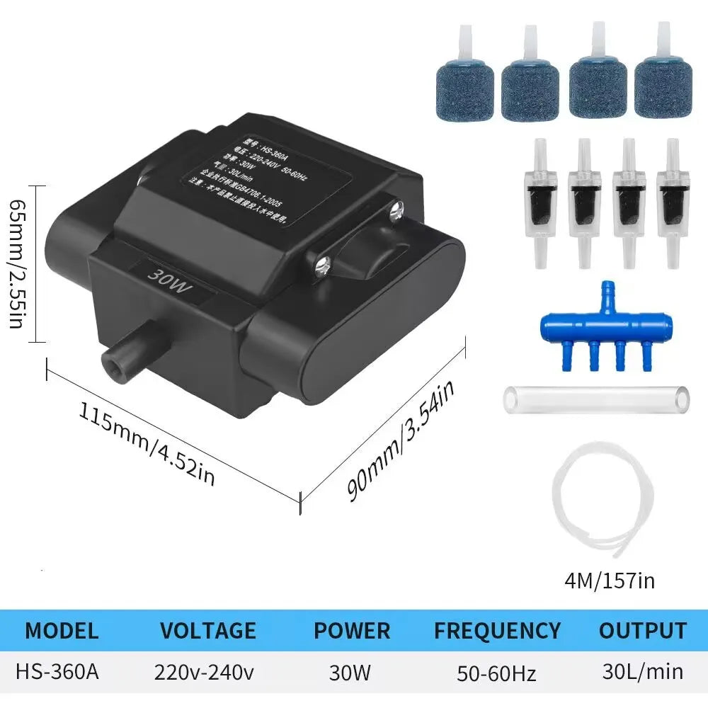 Black 30W aquarium air pump with four outlets and accessories for water circulation