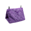 A purple cozy plush bird hammock tent with black hanging strings.