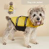 Un chien duveteux portant une gilet de sauvetage jaune pour la baignade et la sécurité.