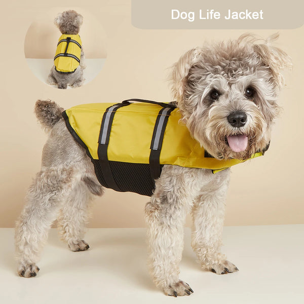 A fluffy dog wearing a yellow life jacket for swimming and safety.