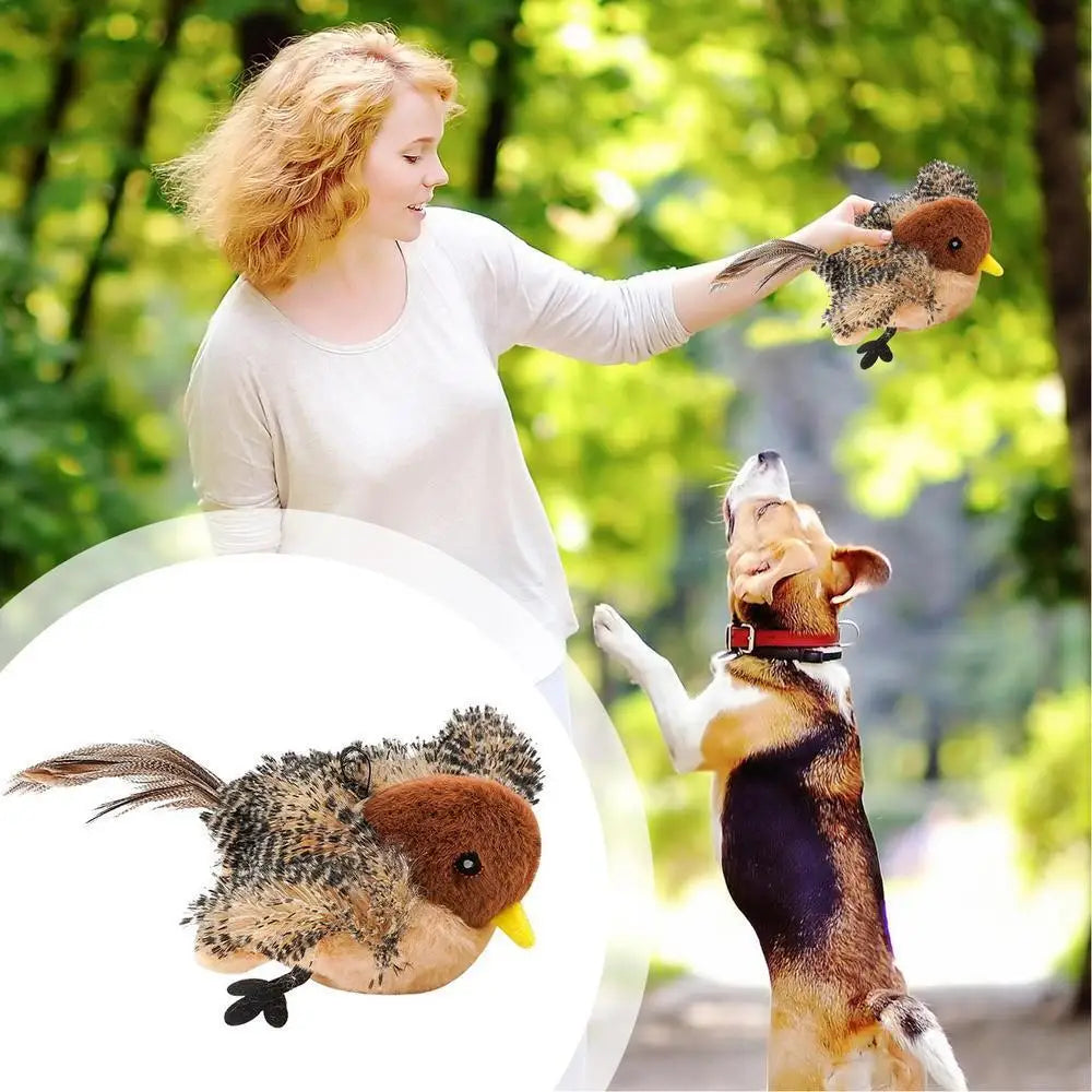 A woman is interacting with an interactive flapping bird cat toy and a dog in a park setting.