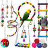 A collection of natural wooden swing and chewing toys for parrots, including rings, beads, and a large swing.