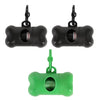 Black bone-shaped poop bag dispenser with clip and a green plastic bag.