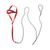 A red bird training harness and leash set with a black collar and lead.