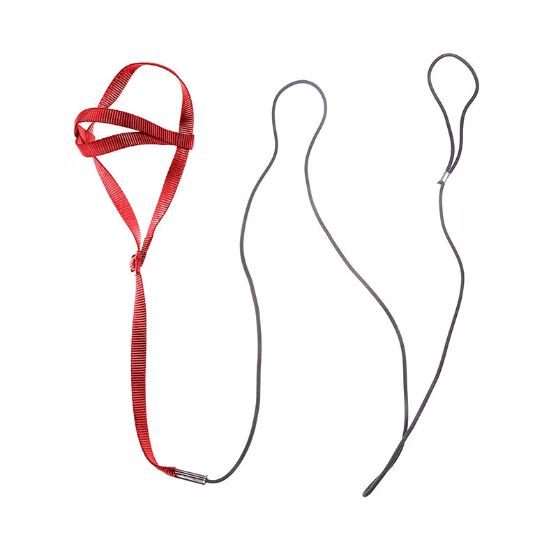 A red bird training harness and leash set with a black collar and lead.