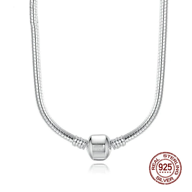 A silver snake chain necklace with a heart charm displayed against a white background.