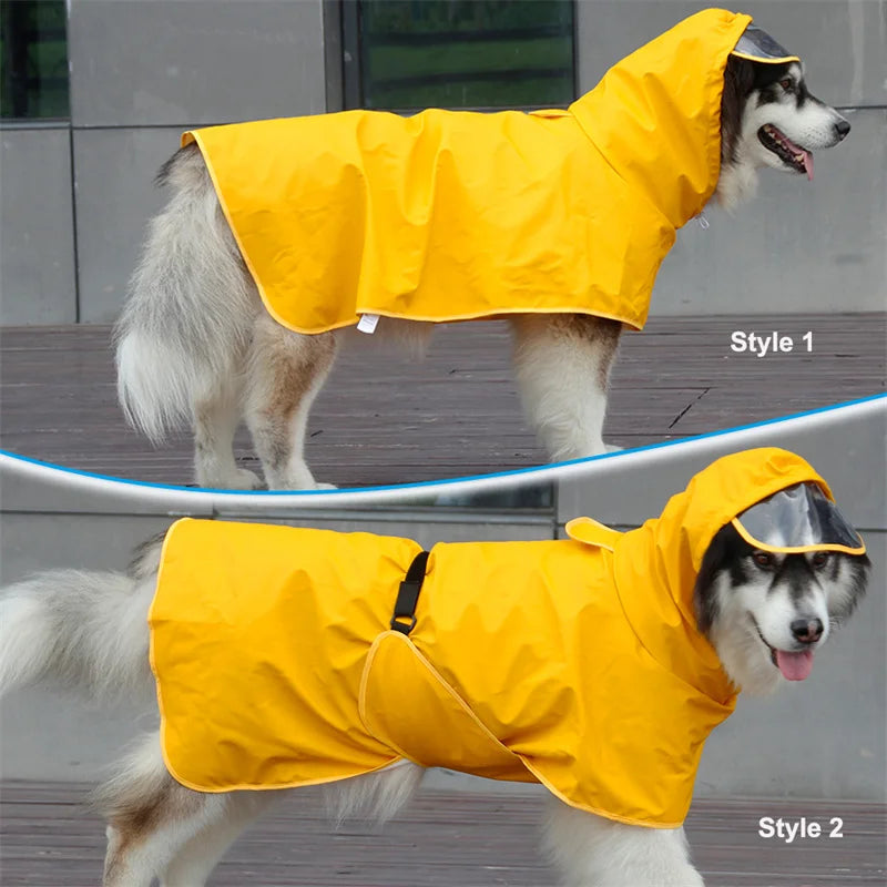 A dog wearing a bright yellow waterproof raincoat in two different styles.