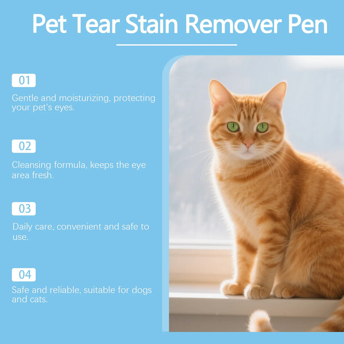 A fluffy orange cat sitting on a windowsill next to a bottle of pet tear stain remover pen.