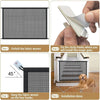 Instructions for installing a fabric woven pet safety gate using four sticky hooks.
