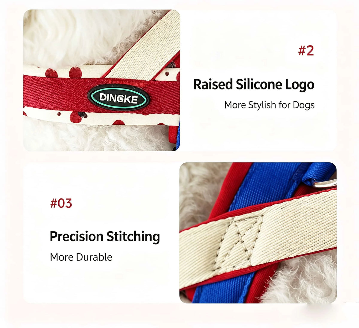 Gros plan d'un harnais pour chien rouge et blanc montrant un logo en silicone et des détails de couture de précision.
