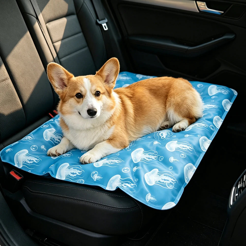 A fluffy, light brown and white dog is lying on a blue cooling gel pet mat inside a car.