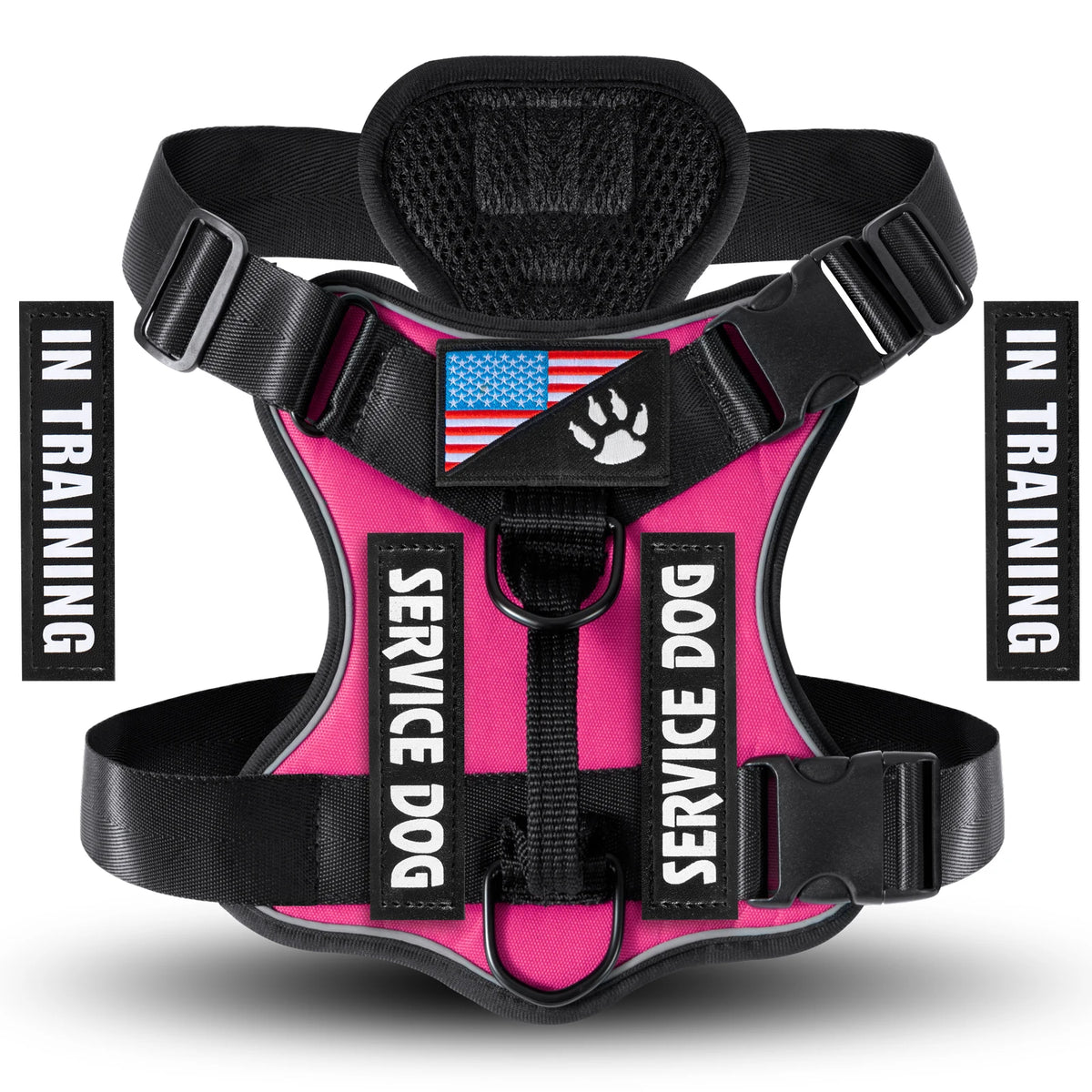 A pink and black harness for a service dog with an adjustable fit.