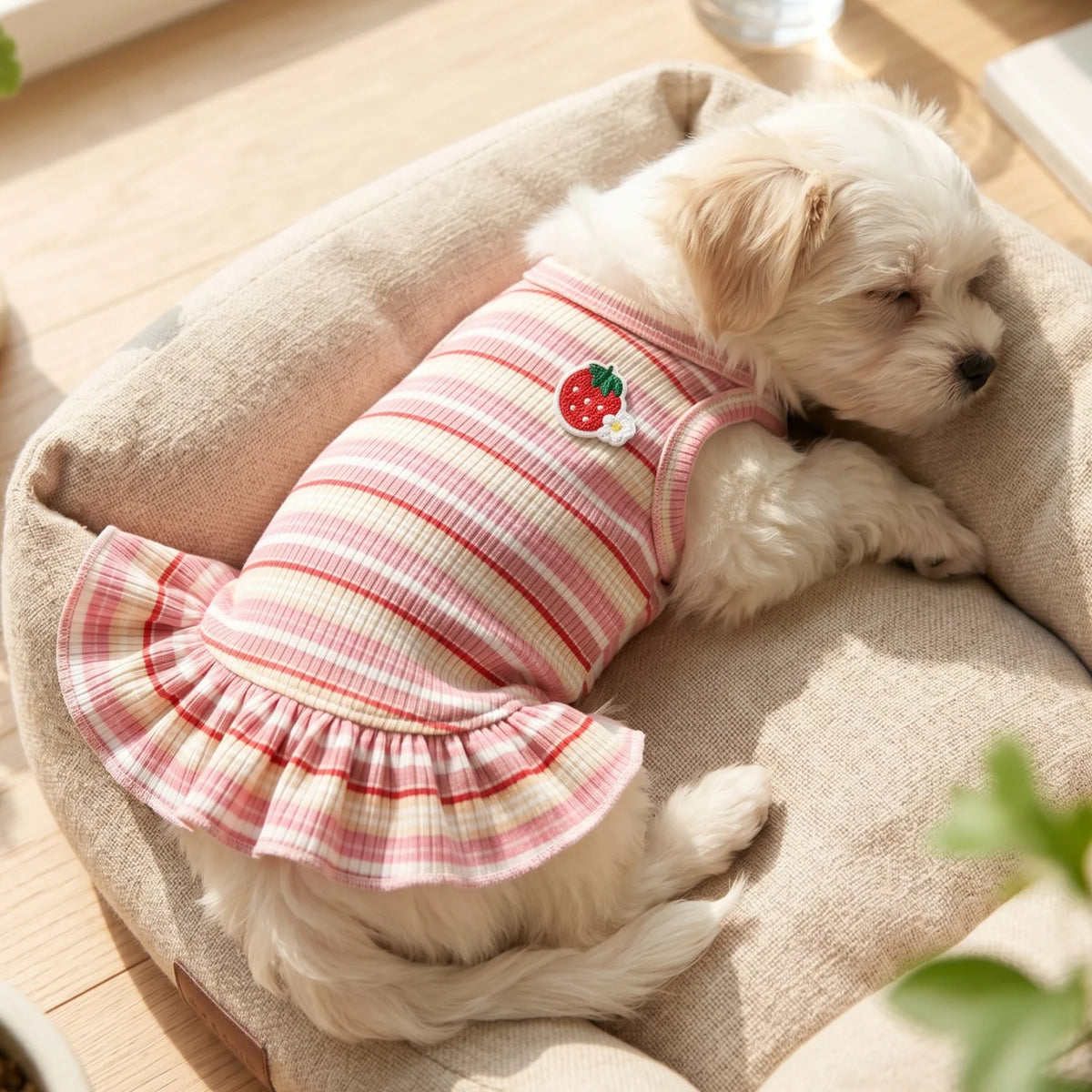 Un cachorro blanco esponjoso con un vestido de volantes a rayas rosa y blanco y un aplique de fresa, acostado sobre tela beig
