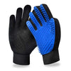 A pair of black gloves with bright blue, spiked fingertips for pet grooming hair removal.