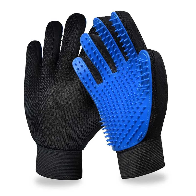 A pair of black gloves with bright blue, spiked fingertips for pet grooming hair removal.