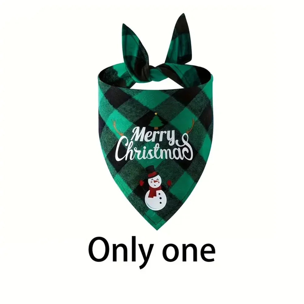 A green plaid triangle bandana tied around the neck with Merry Christmas and a snowman design.