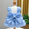 Light blue satin pet dress with a large bow and D-ring displayed on a mannequin.