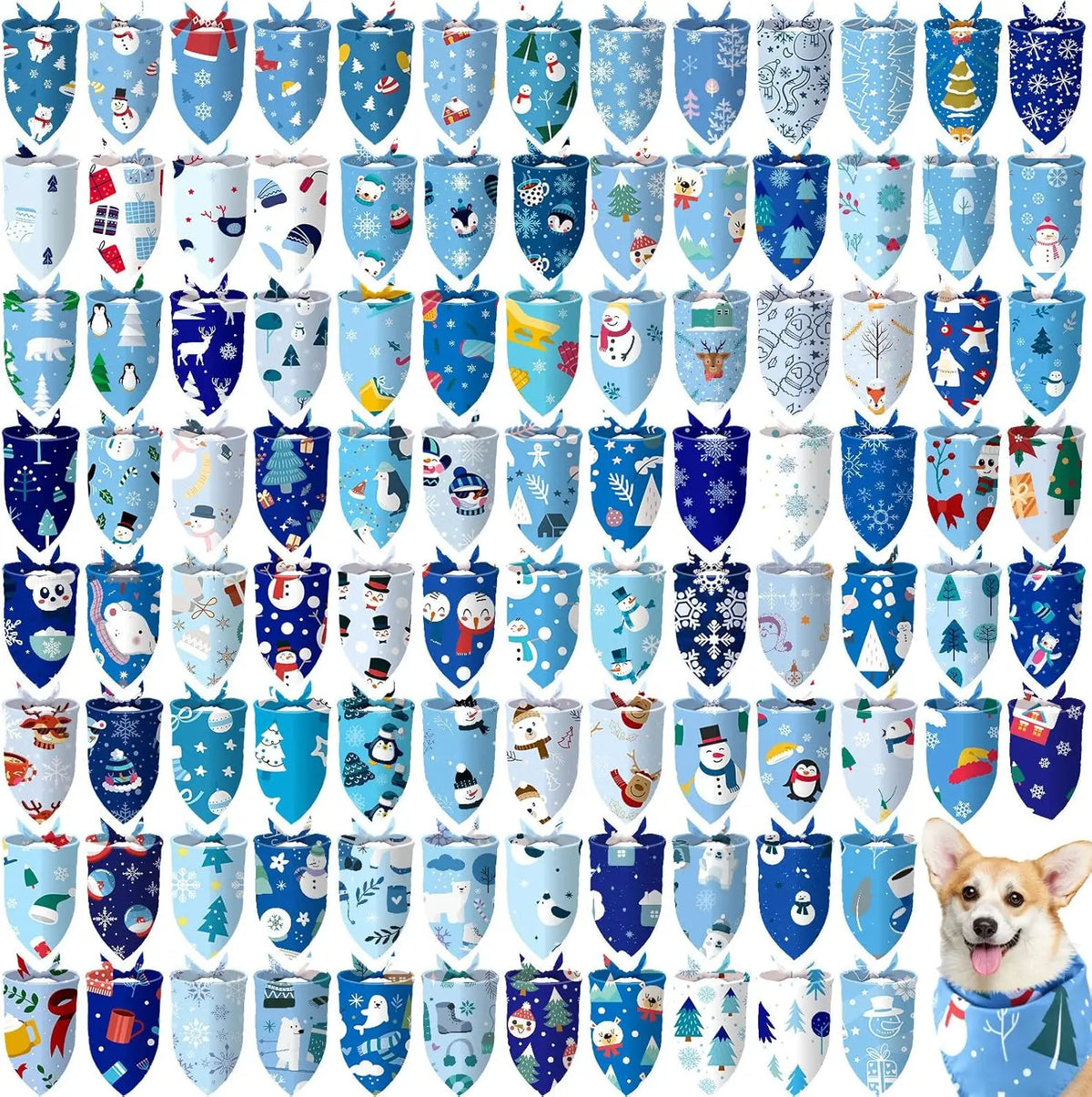 A pack of 100 dog bandanas featuring various holiday and party themed donut prints