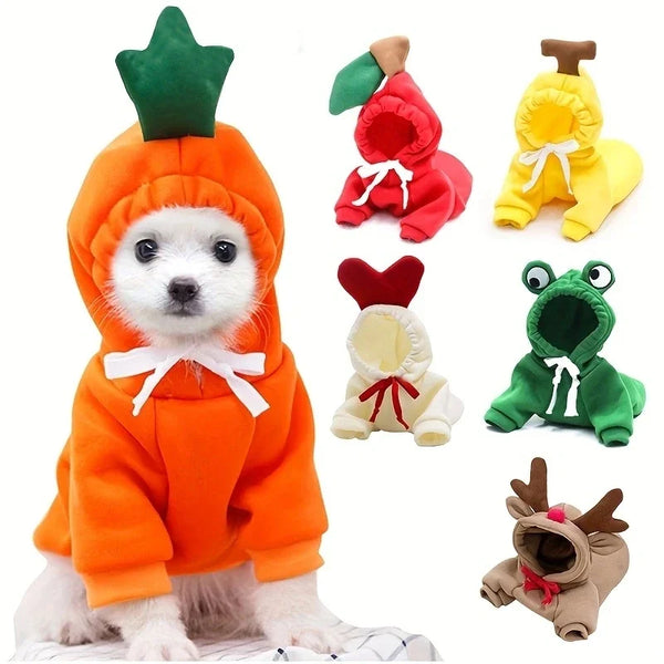A cute fruit print dog hoodie in orange with green accents, shown on a white surface.