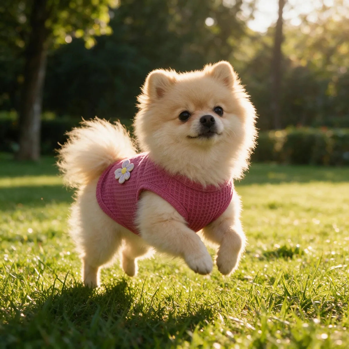 Ein flauschiger Aprikoshund in einem rosa floral bestickten Weste rennt über eine grüne Rasenfläche.