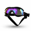 A pair of black adjustable pet sunglasses with mirrored purple and green lenses.