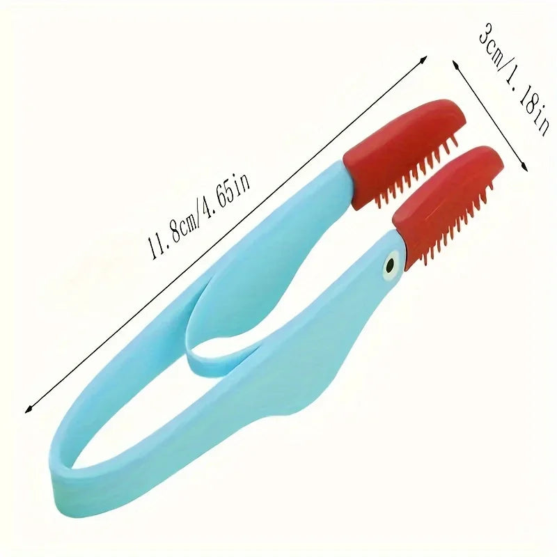 A light blue comb with red bristles and a handle, showing its size dimensions.