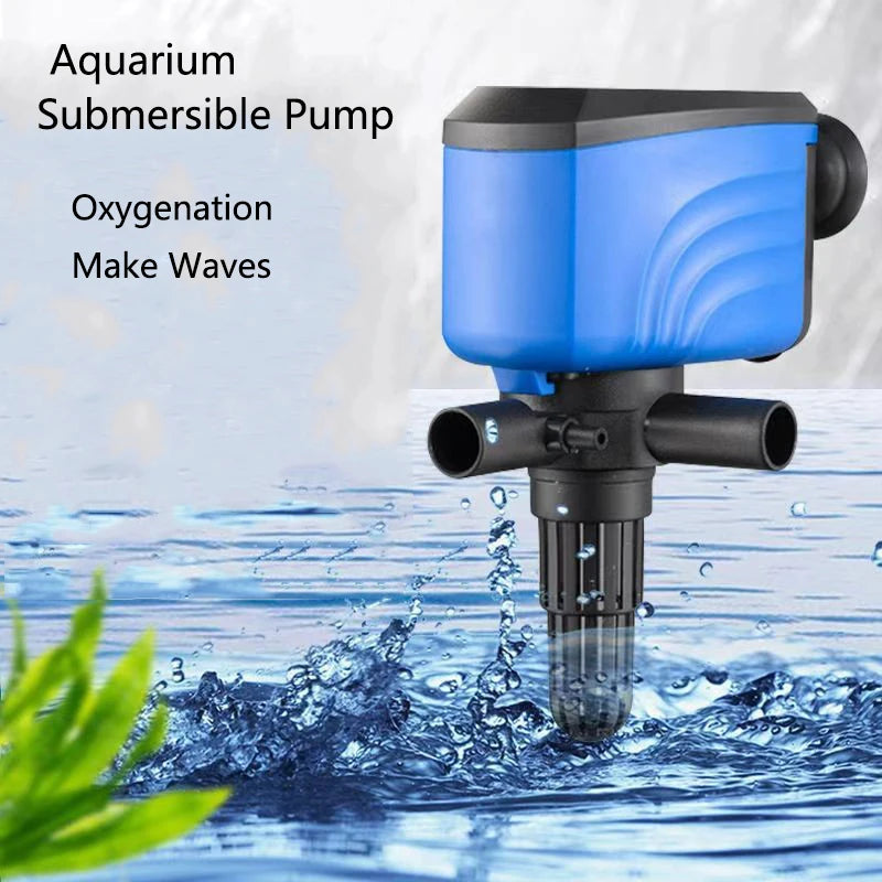 Una bomba sumergible azul creando olas en el agua, adecuada para oxigenar acuarios.