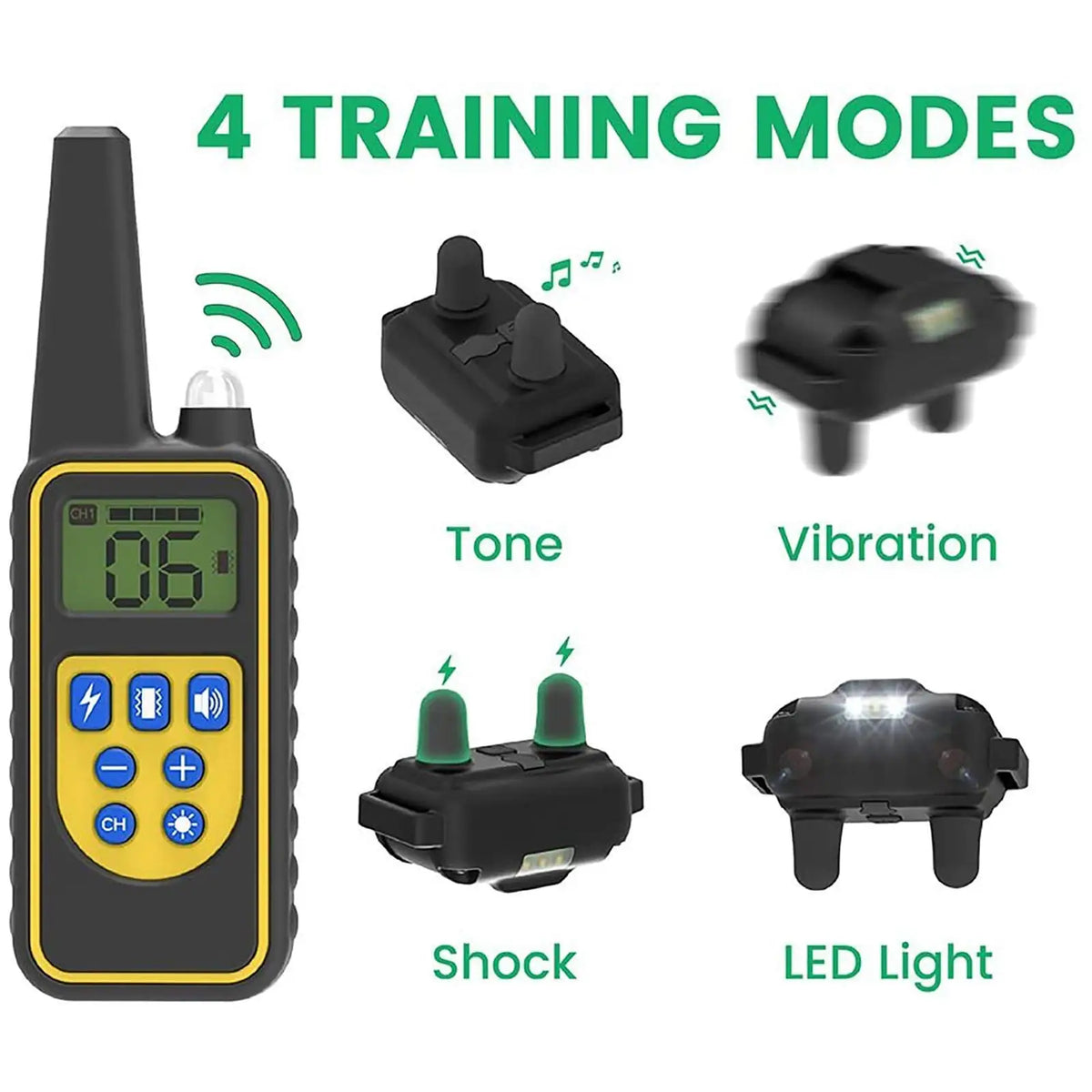A black remote dog training collar with four modes: Tone, Vibration, Shock, and LED Light.