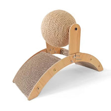 A wooden cat scratcher featuring a rotating sisal ball for climbing and scratching.