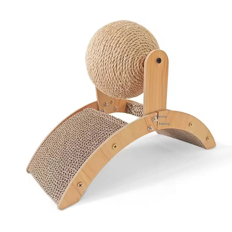 A wooden cat scratcher featuring a rotating sisal ball for climbing and scratching.