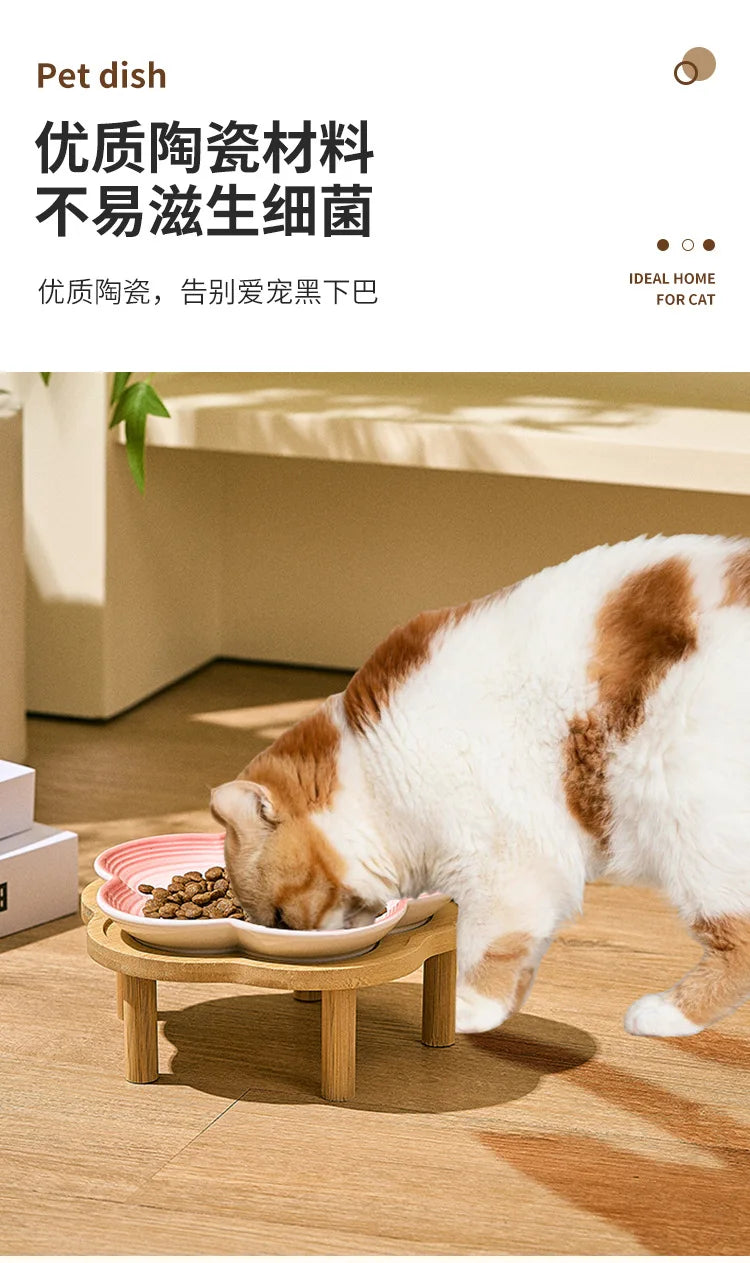 Un chat mange dans un bol esthétique en céramique sur un support en bois naturel.