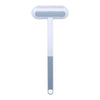 A light blue pet hair remover brush with a white head and a gray handle.