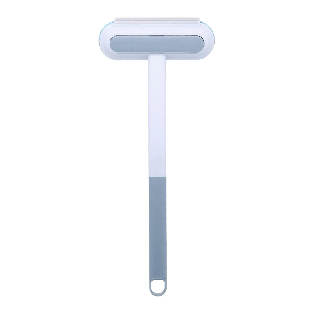 A light blue pet hair remover brush with a white head and a gray handle.