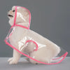 Ein helles Hund trägt einen durchsichtigen Plastikregenmantel mit rosa Zierrand zum Schutz vor Regen.