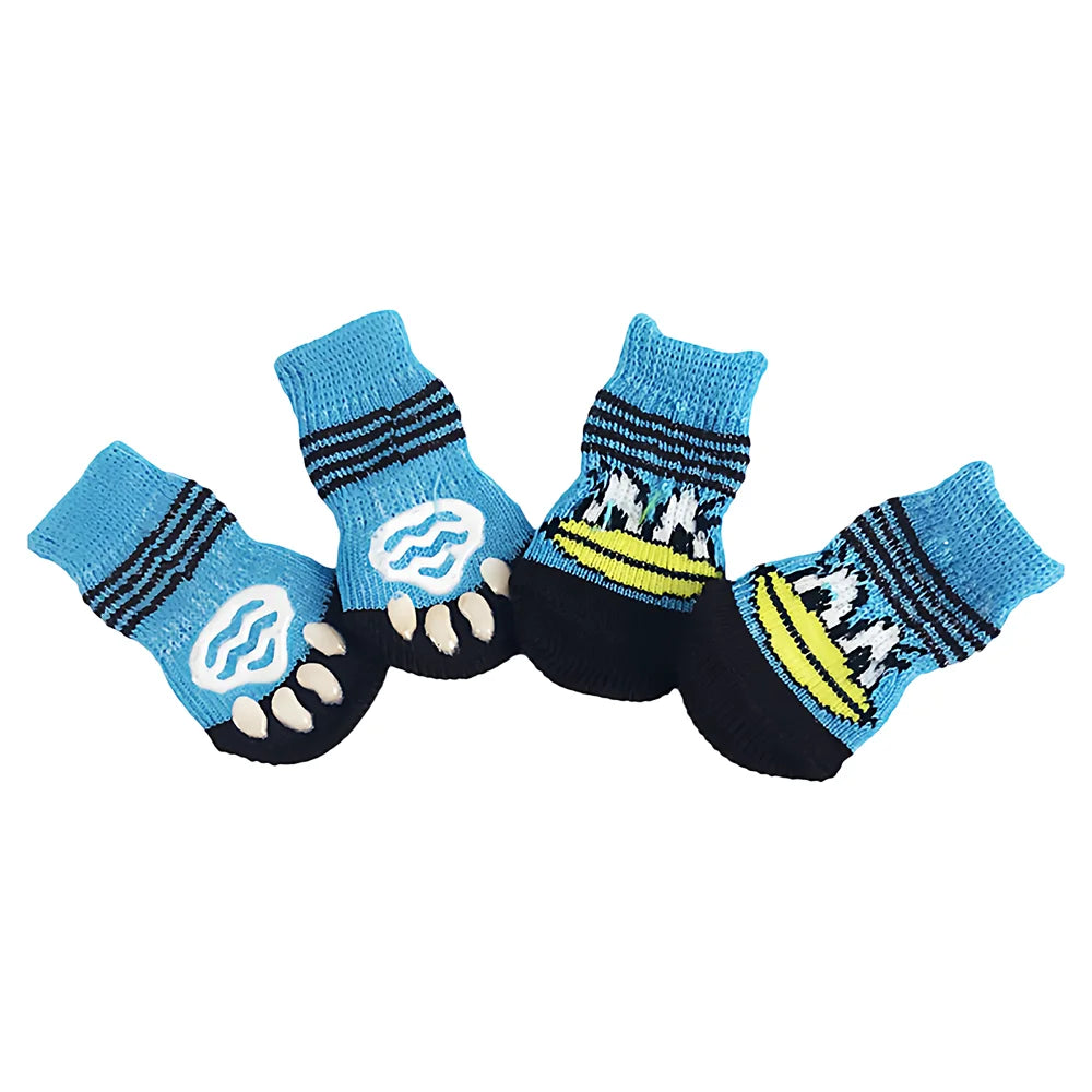 A pack of four anti-scratch cotton pet socks for small dogs and cats featuring blue, black, and yellow stripes.
