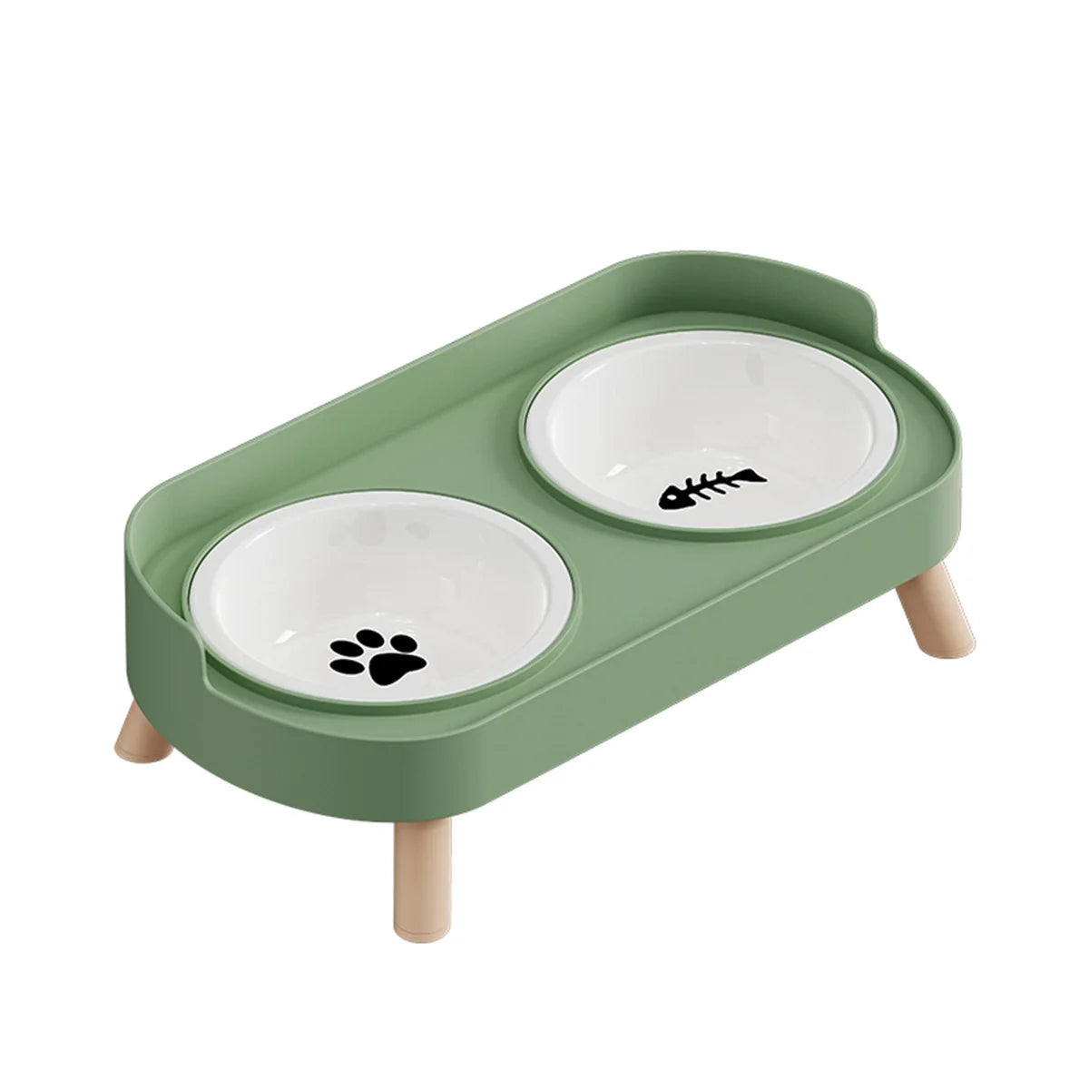 A light green stainless steel double bowl for dogs and cats with two white bowls.