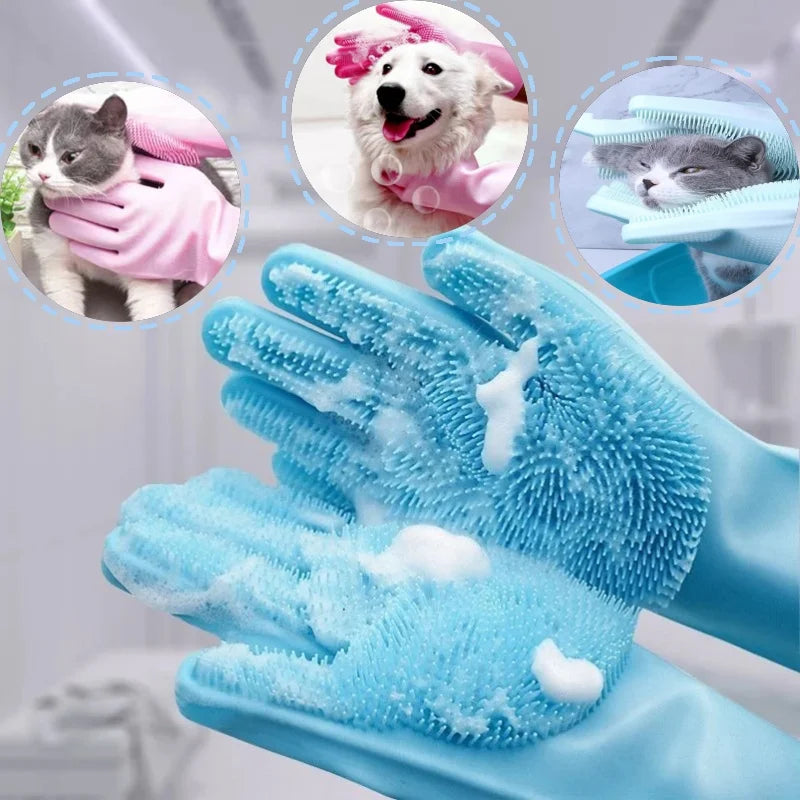 Blue silicone pet grooming gloves shown with inset images of a cat and a dog