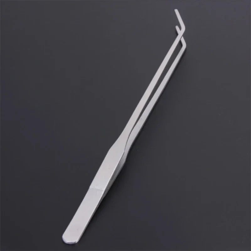 Stainless steel aquarium cleaning tweezers shown diagonally against a dark background