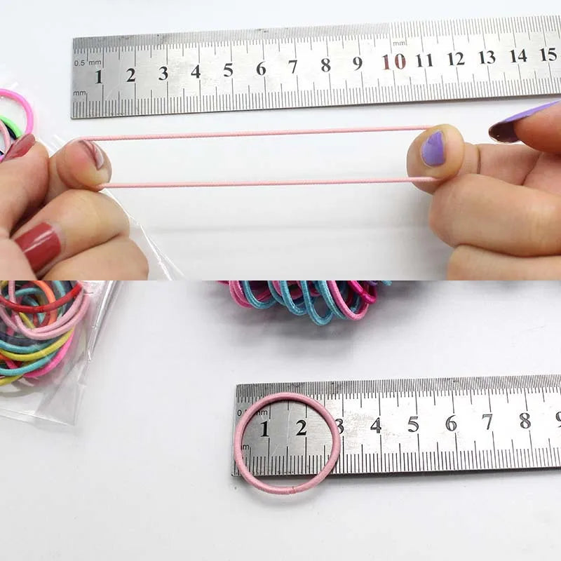 Hands demonstrate colorful elastic hair bands next to a ruler measuring the length of the bands.