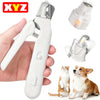 A white 2-in-1 pet nail trimmer and grinder tool is shown being held by a hand, with separate components displayed.