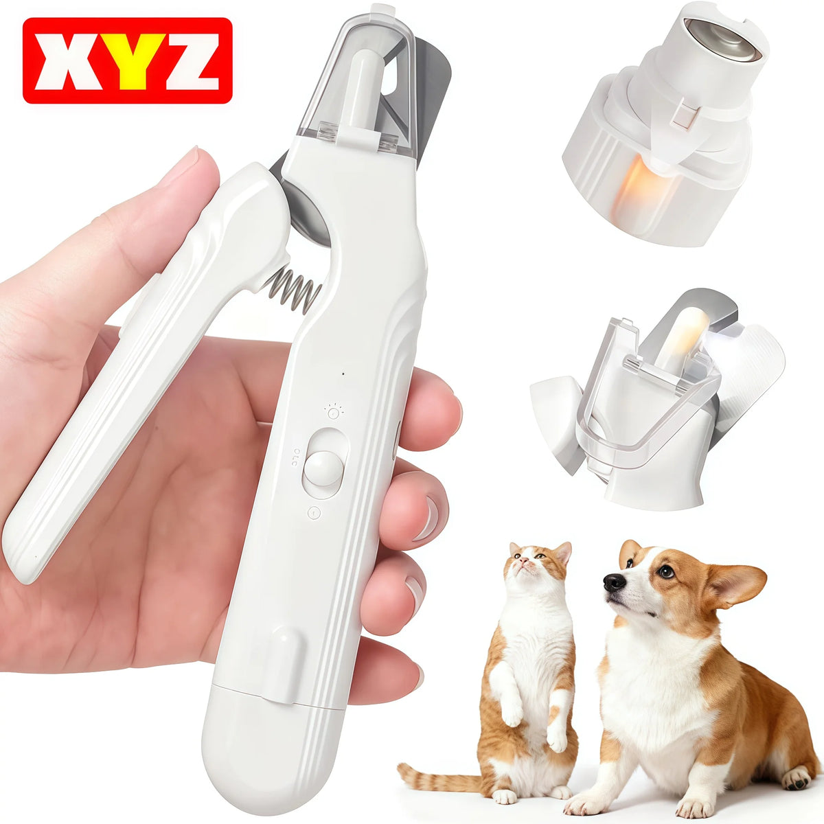 A white 2-in-1 pet nail trimmer and grinder tool is shown being held by a hand, with separate components displayed.