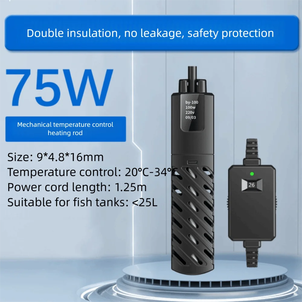 A black submersible heater with a heating rod is shown next to its power cord and a temperature control unit.