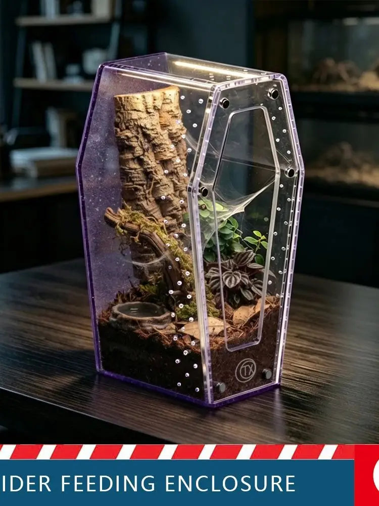 A clear acrylic spider feeding enclosure featuring a natural wood substrate and foliage.