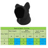 A black fleece dog winter hat shown flat with a sizing table for reference.