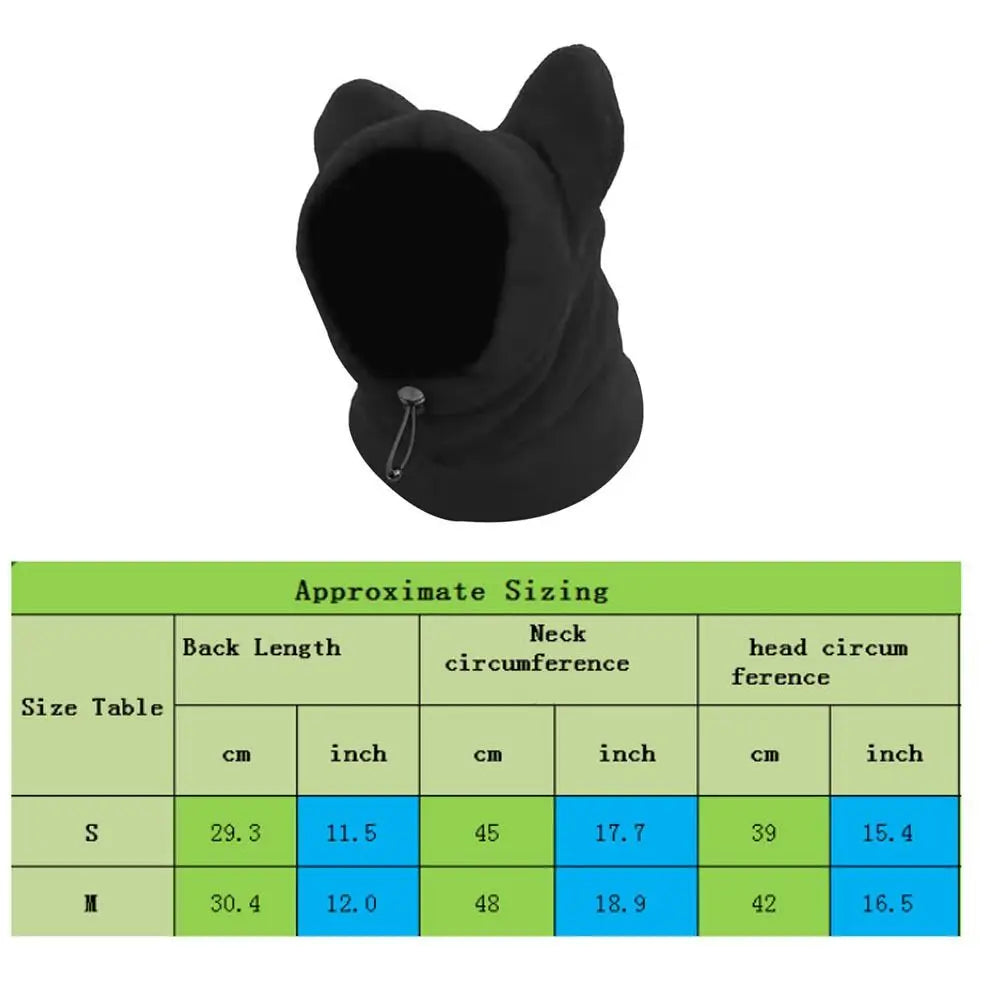 A black fleece dog winter hat shown flat with a sizing table for reference.