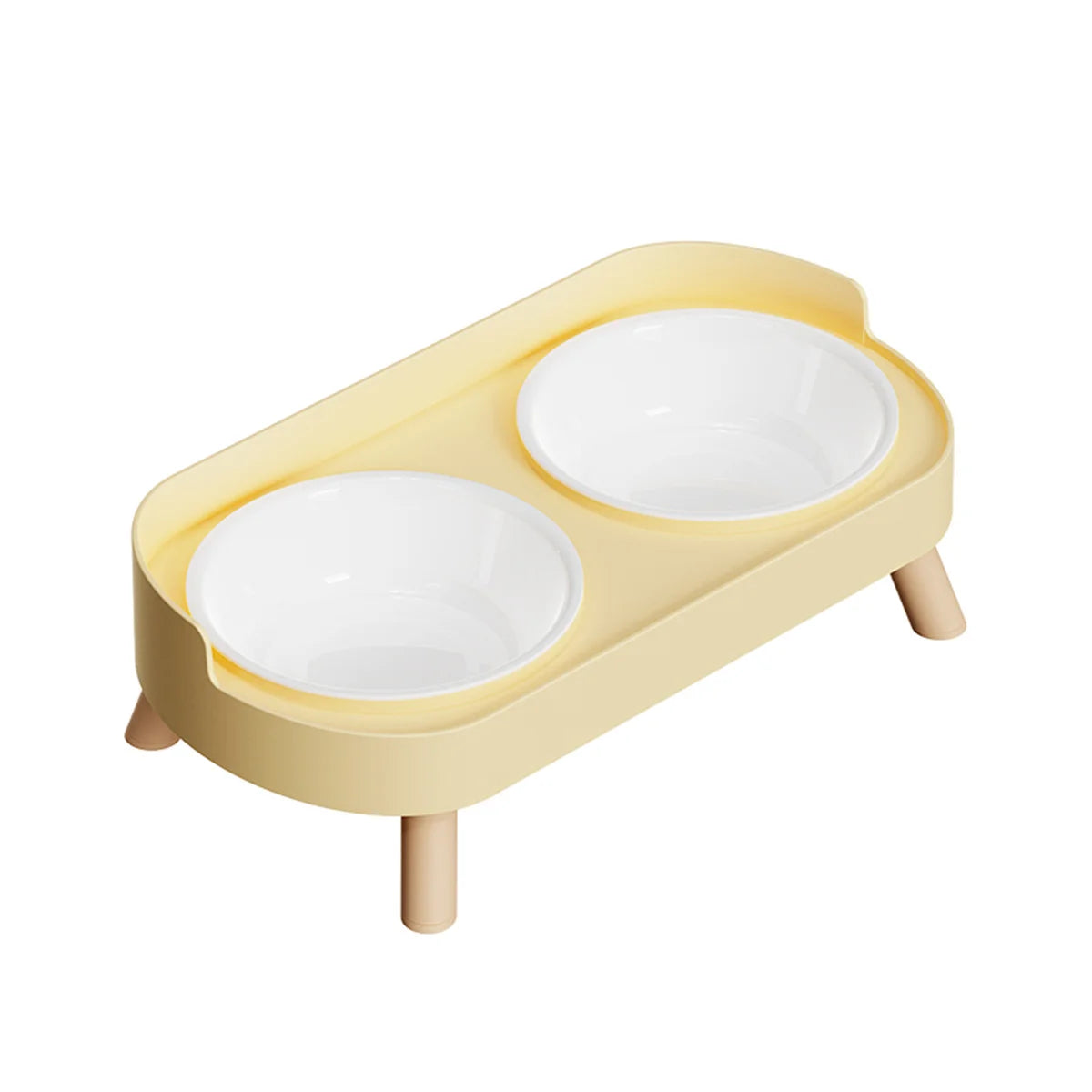 A light yellow wooden tray holding two white ceramic bowls for pets.