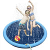 Two children are splashing in a blue inflatable pool with water spraying around them.