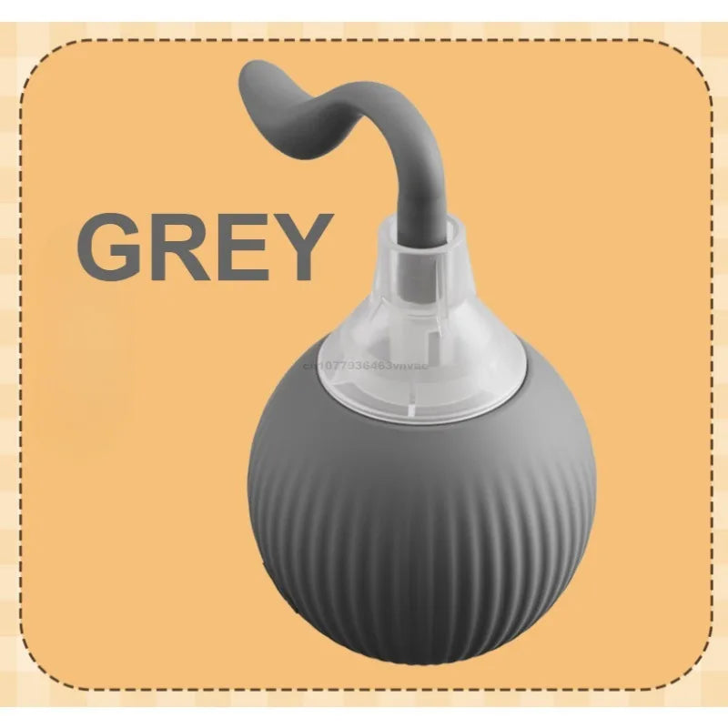 A grey automatic rolling interactive ball for cats with a curved nozzle.