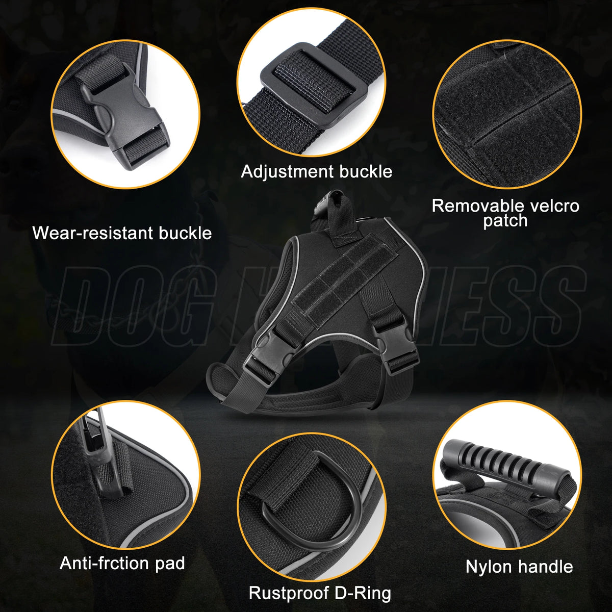Black tactical dog harness featuring an adjustment buckle, removable velcro patch, anti-friction pad, and nylon handle.