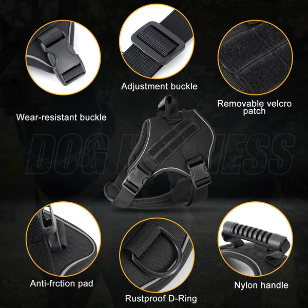 Black tactical dog harness featuring an adjustment buckle, removable velcro patch, anti-friction pad, and nylon handle.